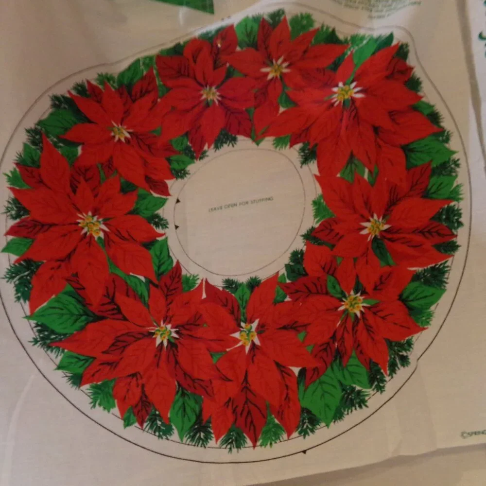 Fabric Christmas Wreath Poinsettia Craft Panel to Stitch